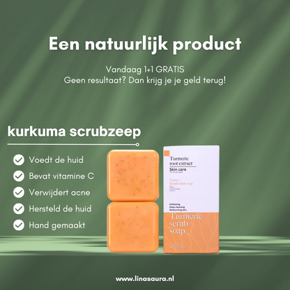 De beste natuurlijke skincare –  Kurkuma zeep - tegen onzuiverheden en voor een stralende huid + gratis zeepnetje